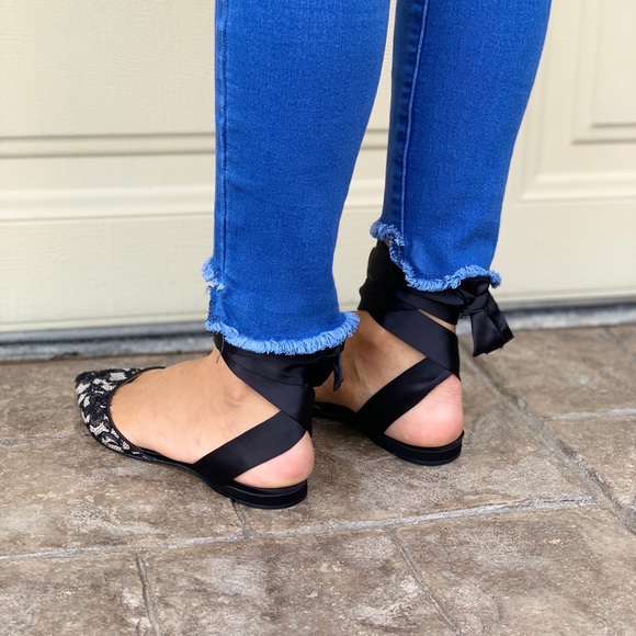 Satin Laces Ankle Wrap Pointed Toe Flats - Picture 5 of 6